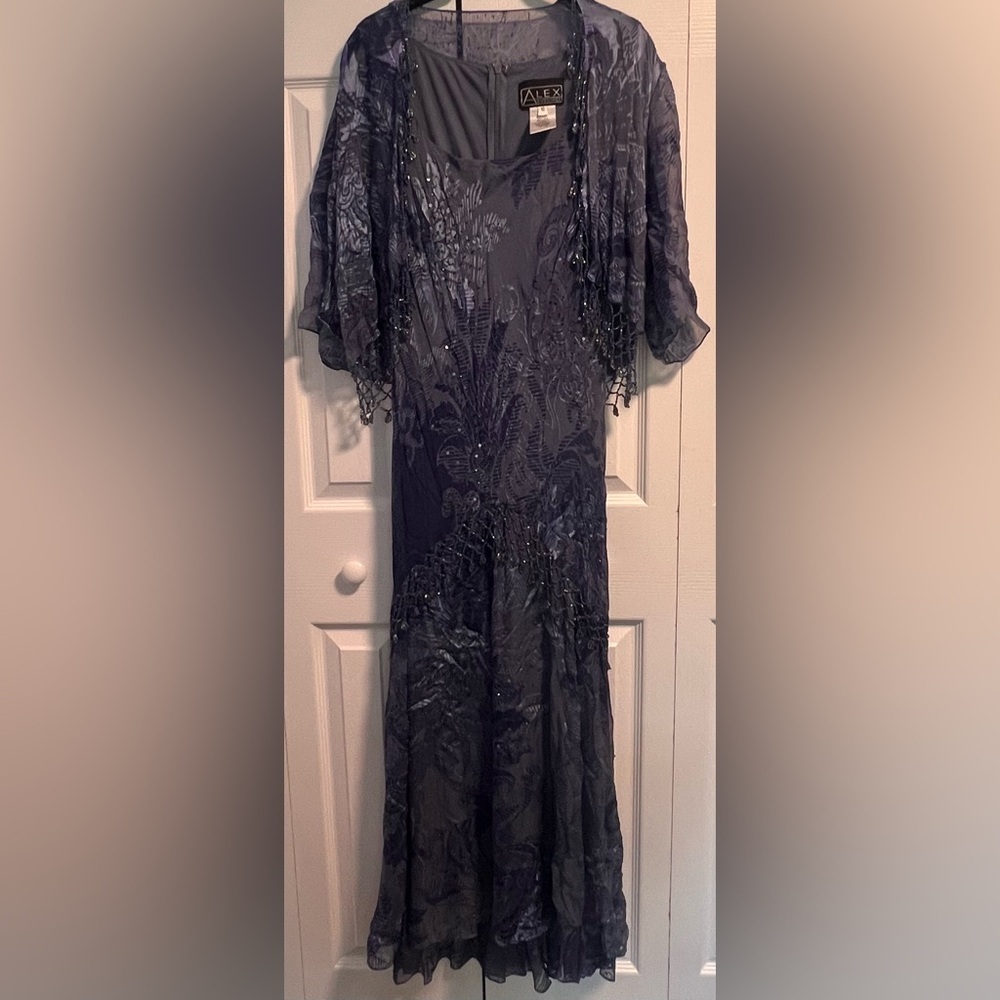 Alex Evenings Blue Silk Blend Sleeveless Dress With Beading and Cover Up Piece